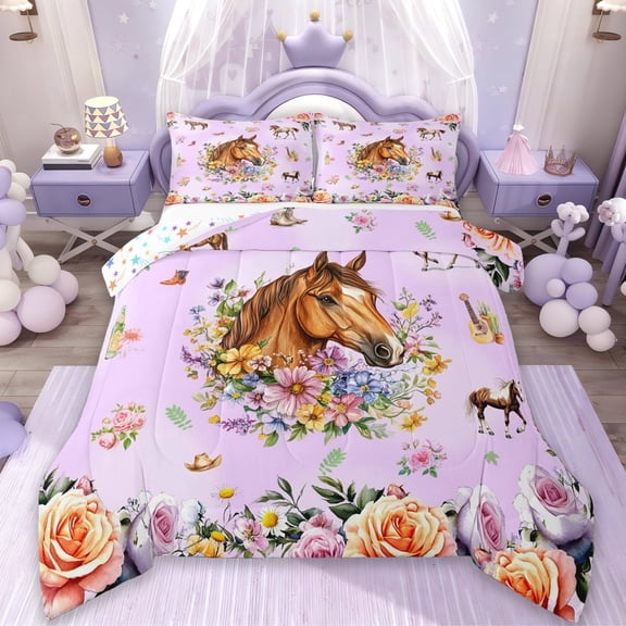 Erosebridal Rainbow Floral Bedding Sets Twin with Comforter,Farm Horse Duvet Insert,Western Cowgirl Comforter Sets Twin Size,Microfiber Bedroom Decor Reversible,2pcs