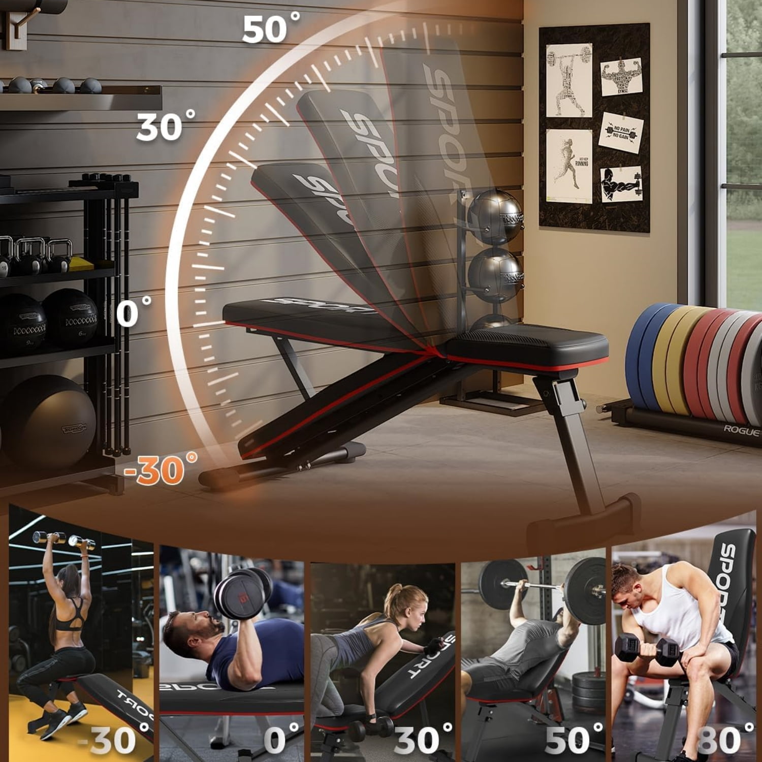 Riedhoff Adjustable Weight Bench for Full Body Workout, with 5 Positions, Black