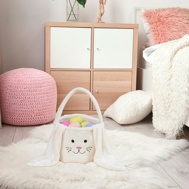 Dnogom Easter Bunny Long Ear Tote Basket, Plush Rabbit Handbag Decoration for Easter Eggs Hunts, Gift Storage & Festive Decor (9.8x9")