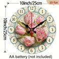 thumbnail image 3 of 2D Flat 1pc 10Inch Tulip-Themed Wooden Round Wall Clock - Pink Dutch-Inspired Farmhouse Decor with Large White Hands, Golden-Tone Numbers, 10 Incn - Easy-to-Read Non-Ticking Clock f, 3 of 7