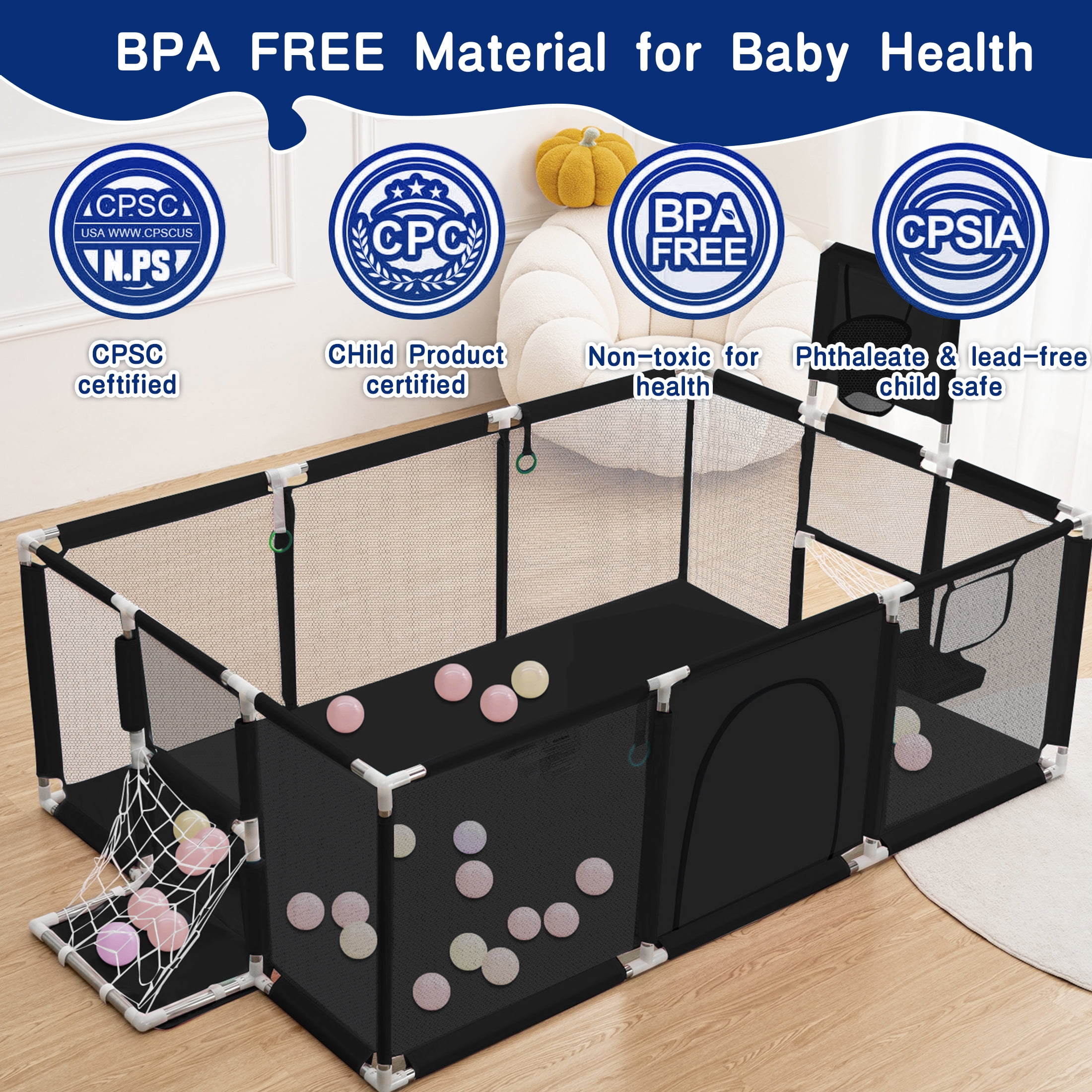 HioHa Extra Large Baby Playpen, Big Play Pens for Babies and Toddlers, Gap-Free, Climb-Proof Baby Playards for Indoor Fun, Baby Gate Playpen with Zippered Door and Storage Bag
