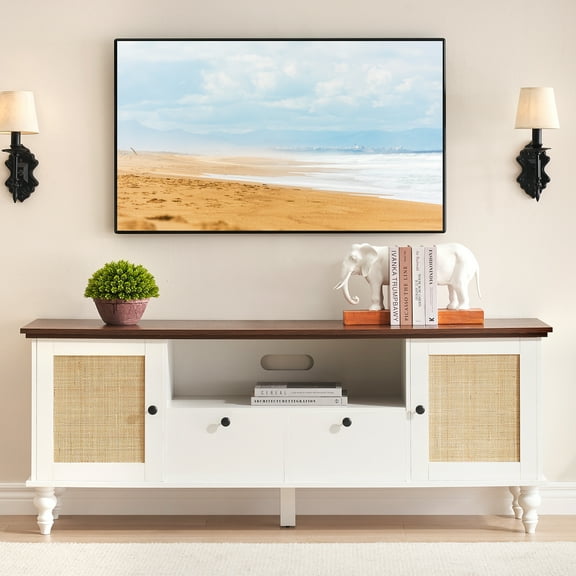 Towallmark Boho Rattan TV Stand for TVs up to 65 Inch, Modern TV Console Bable Entertainment Center with 2 Cabinets & Adjustable Shelf, TV Stand with Storage, for Living, Bedroom,White