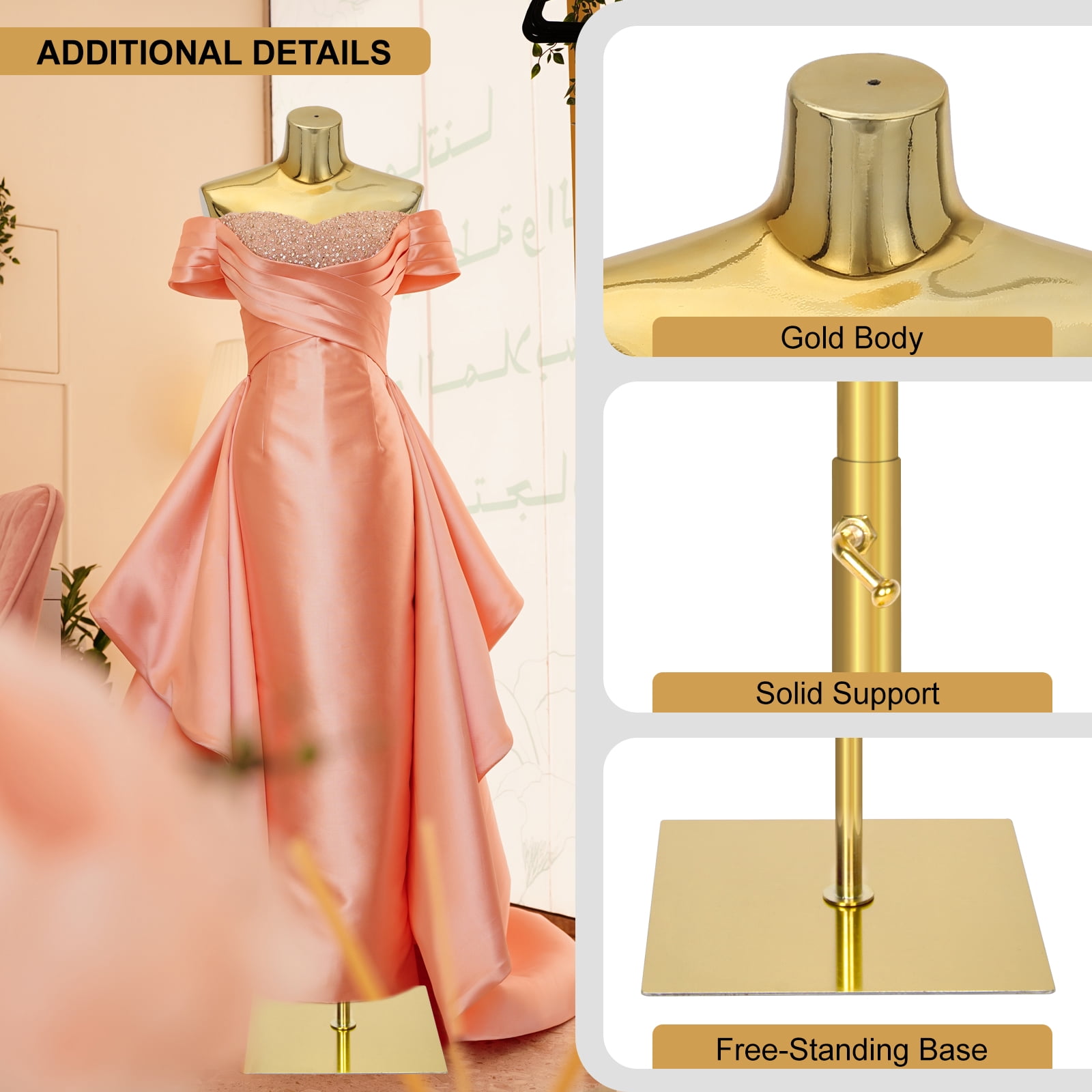Female Mannequin Dress Form Torso - Manikin Body with Metal Stand Height Adjustable, Display Mannequin Body for Sewing Clothes (40-75Inch, Golden)