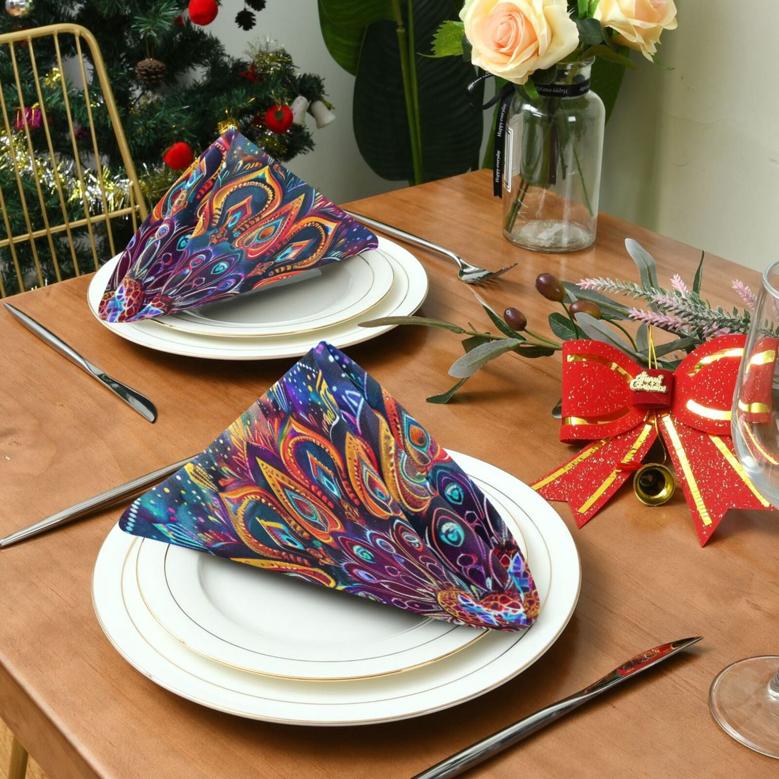 JSTEL Colorful Mandala Tye Die Cloth Napkins Set of 6, 20x20 Inch Washable and Reusable Napkin for Decoupage Dinner Party Everyday Use