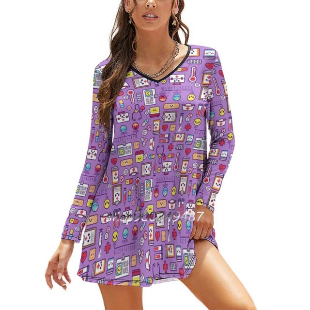 "Fier d'Tre Infirmière" Motif / Robe à Encolure Carrée Violette Robe d'Été Douce Robe Élégante à Imprimé Halter Infirmière Fière