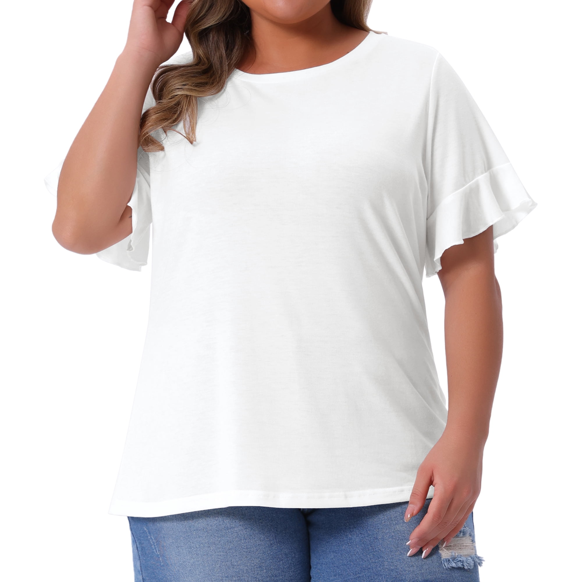 DARING DIVA Women's Plus Plain Crew Neck Ruffle Short Sleeves Blouse 4X White