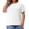 thumbnail image 2 of DARING DIVA Women's Plus Plain Crew Neck Ruffle Short Sleeves Blouse 1X White, 2 of 6
