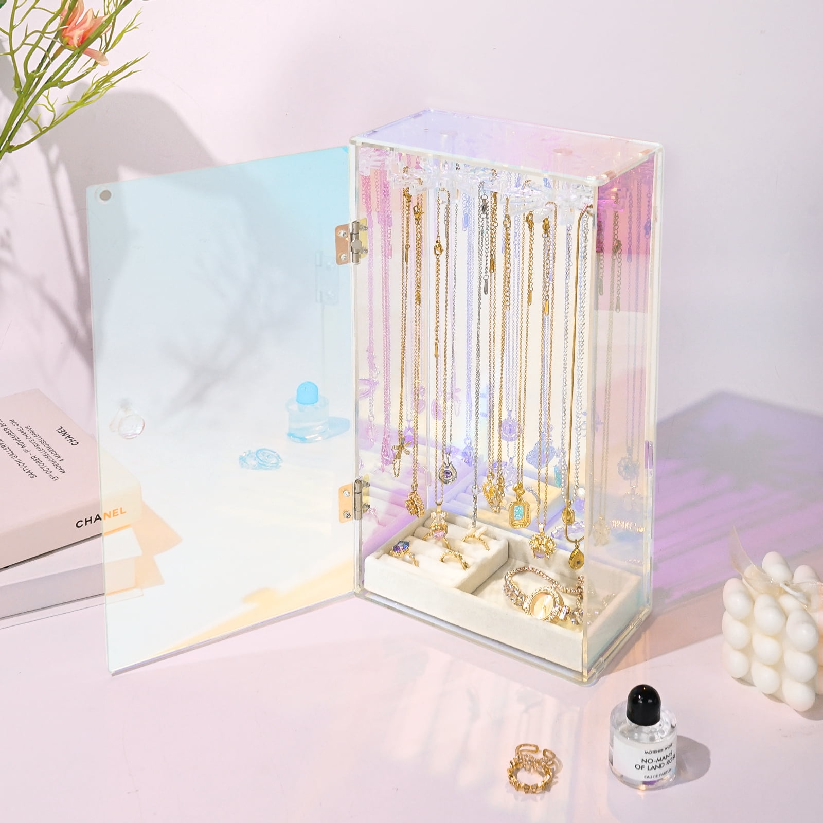 Haturi Iridescent Necklace Organizer, Acrylic Necklace Holder w/Velvet Tray, Dustproof Rotation Jewelry Holder Organizer Display Stand Box Hanger, Necklaces Ring Bracelet Case, Gift for Women, Girl