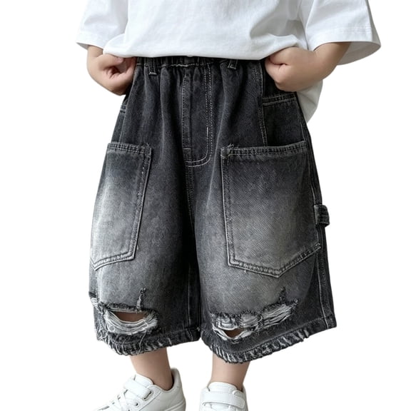 UACY Long Ripped Baggy Jean Shorts Jorts Baggy Short Jeans Y2K Jorts Short Jeans with Pockets Trendy Baggy Summer Jorts (Black, 5-6 Years)