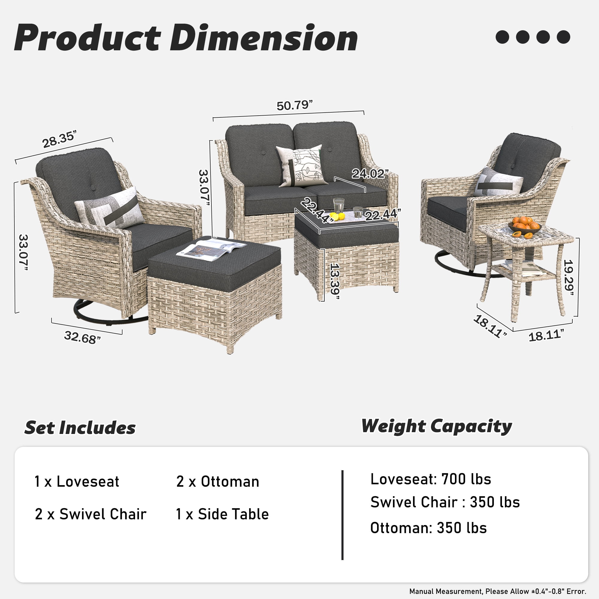 Ovios 6 Pieces Patio Furniture Set All-Weather Outdoor Sectional Patio Sofa Wicker Rattan Conversation Set with Swivel Rocking Chairs for Backyard