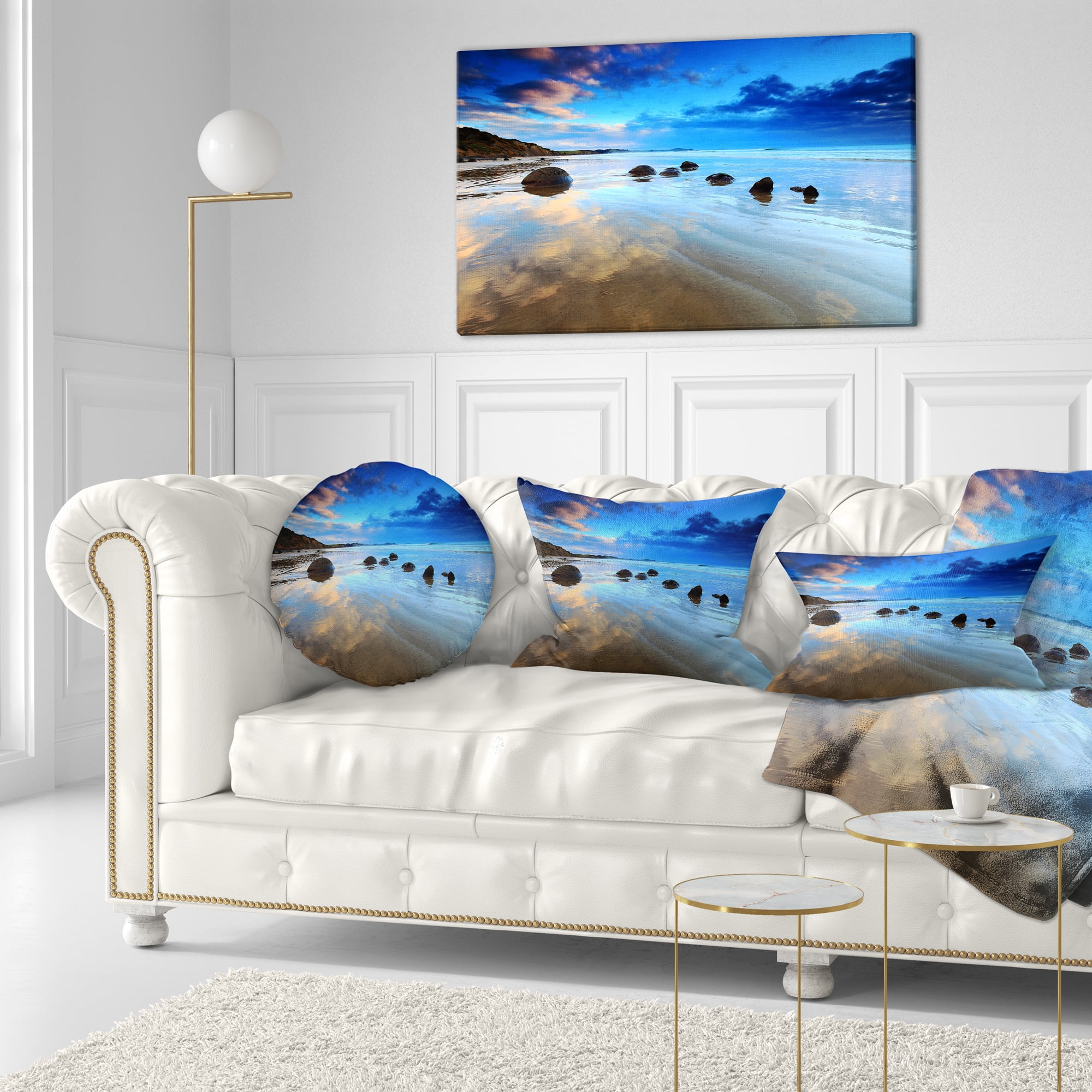 Designart Cloudy Sky Over Moeraki Boulders - Seashore Photo Throw Pillow - 12x20