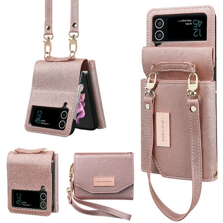 Frusde Compatible with Samsung Galaxy Z Flip 4 Wallet Case with Lanyard Strap PU Leather Shockproof Women Girls Case-Rosegold