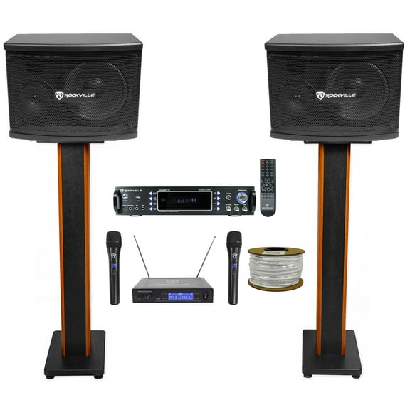 (2) Rockville KPS65 Karaoke/Pro Speakers Bluetooth Amp 36" Stands Wireless Mics   Rockville R14GSBR100 Red/Blk 14 Gauge 100' Ft. Mini Spool Car Audio Speaker Wire
