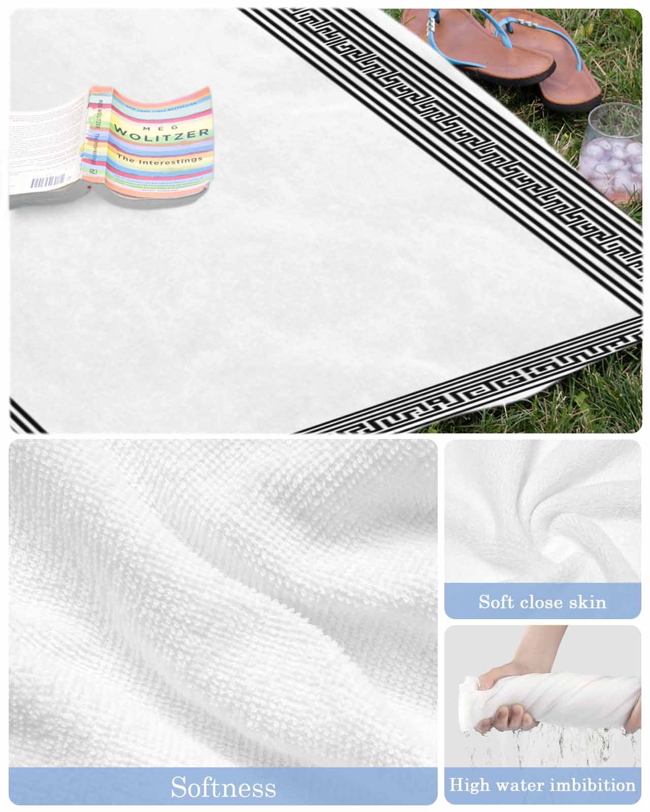 White Greek Key Beach Towels Oversized Super Absorbent, Geometric Greece Ancient Farmhouse Geo Lightweight Bath Towel Quick Dry Sets For Bathroom/Pool/Rv Camping/Beach Play/Gym Room/Picnic 23"x47"