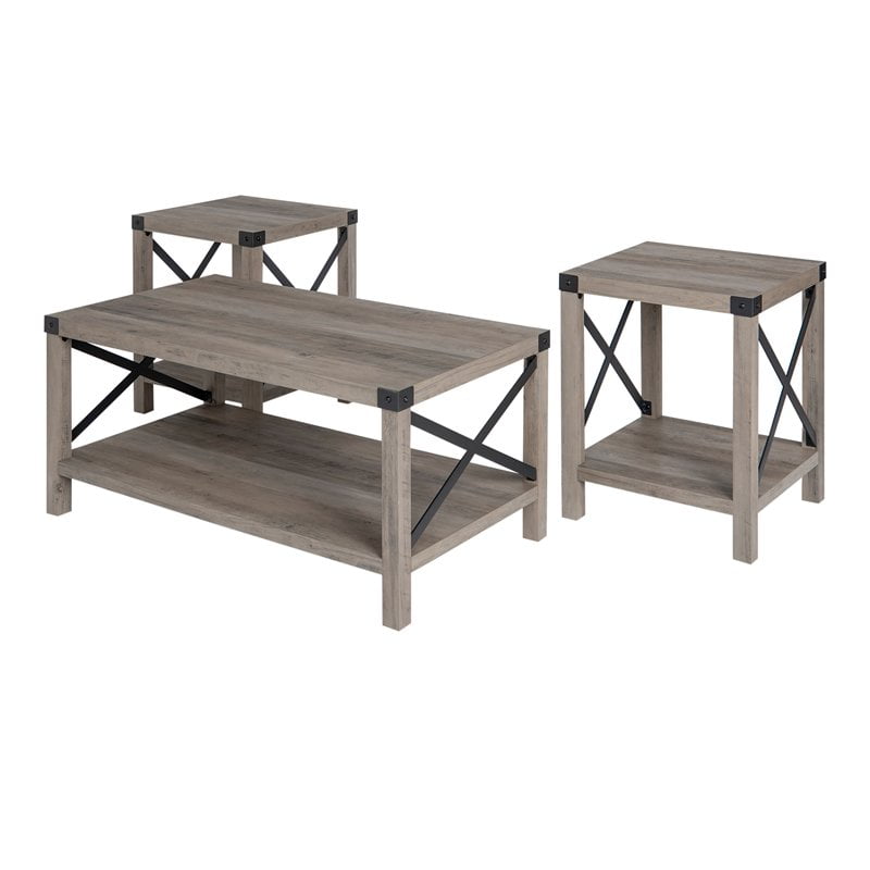 Walker Edison 3-Piece Rustic Wood and Metal Coffee Table Set in Gray ...