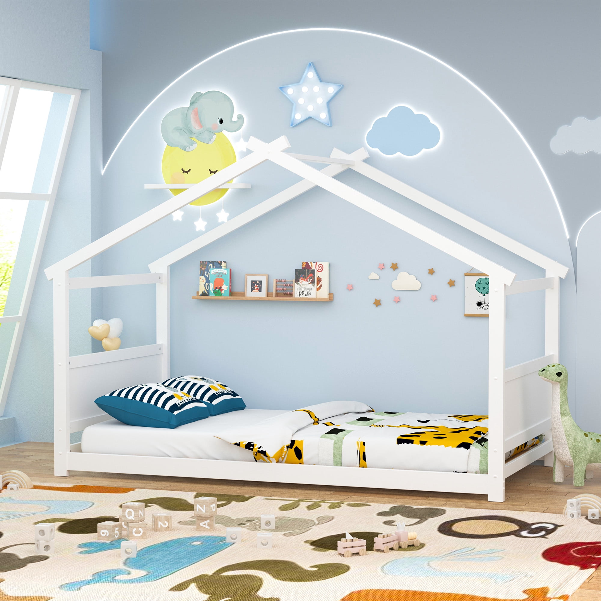 Joywind Twin Solid Wood House Floor Bed Frame with Safety Guardrails, Kids Bed for Boys Girls
