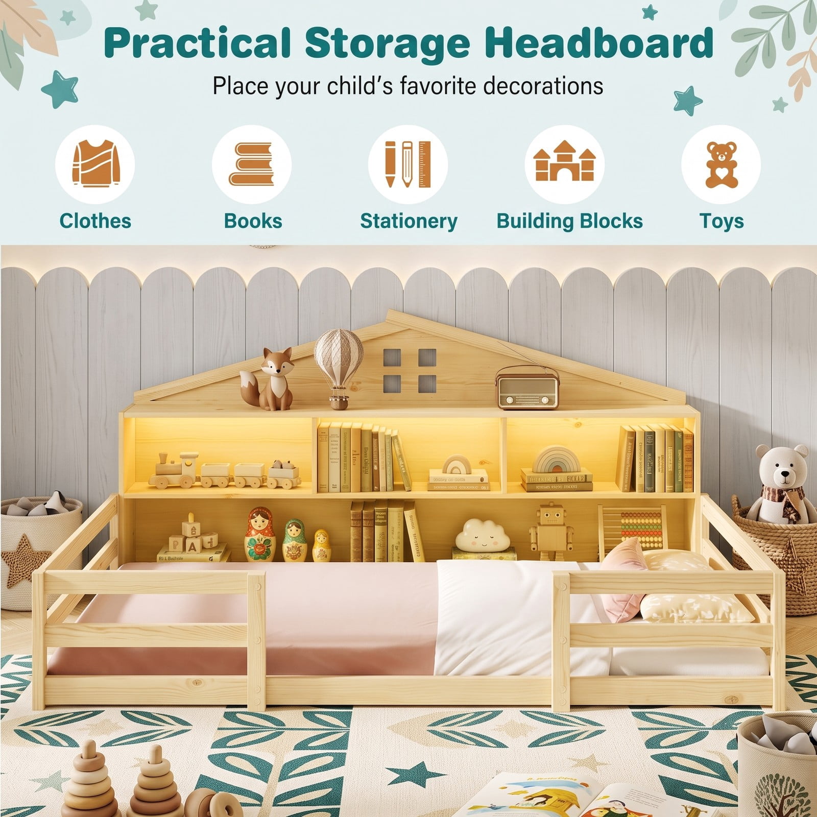 Furnibear Twin Bed Frame Montessori Floor Bed for Kids, House Bed with Headboard Storage and Open Shelf, Low Wood Twin Bed Frame for Bedroom, Natural