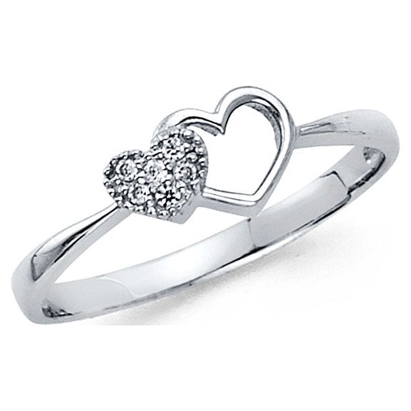 14k White Gold Heart Ring CZ Two Hearts Together Love Band Right Hand Promise Ring Fancy Size 7