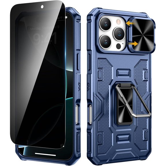 for iPhone 16 ProMax Case with Stand, Privacy Screen Protector & Camera Lens Cover & Rotatable Ring Kickstand Upgraded Military Protective Case for iPhone 16 Pro Max - Metallic Blue