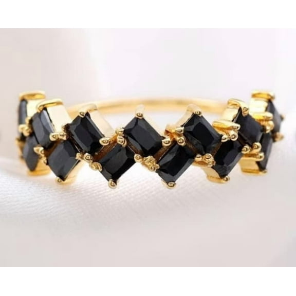 Natural Black Onyx Half Eternity Wedding Band, 925 Silver Band, Expansive Ring, Princess Cut Band, Anniversary Gift, Infinity Band, Gemstone Band, Gift For Womens.