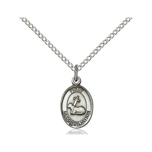 Sterling Silver First Reconciliation Pendant 1/2 x 1/4 inches with Sterling Silver Lite Curb Chain