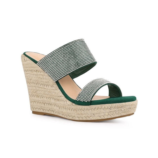 BLISSFUL STEP Sandales Compensées Espadrilles à Plateforme avec Strass pour Femmes Vert (Taille 10)