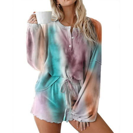 

Women s Pajamas Set Tie Dye Leopard Print Casual Loose Long Sleeve Tops+Ruffle Drawstring Shorts Sleepwear Nightwear Homewear