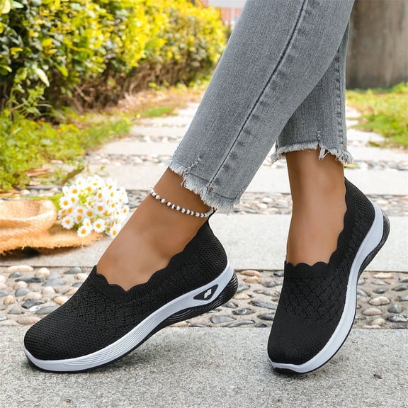 Women's -on Walking Shoes Casual Loafers Mesh Lightweight Breathable Fashion Running Sneakers(Black,7.5)