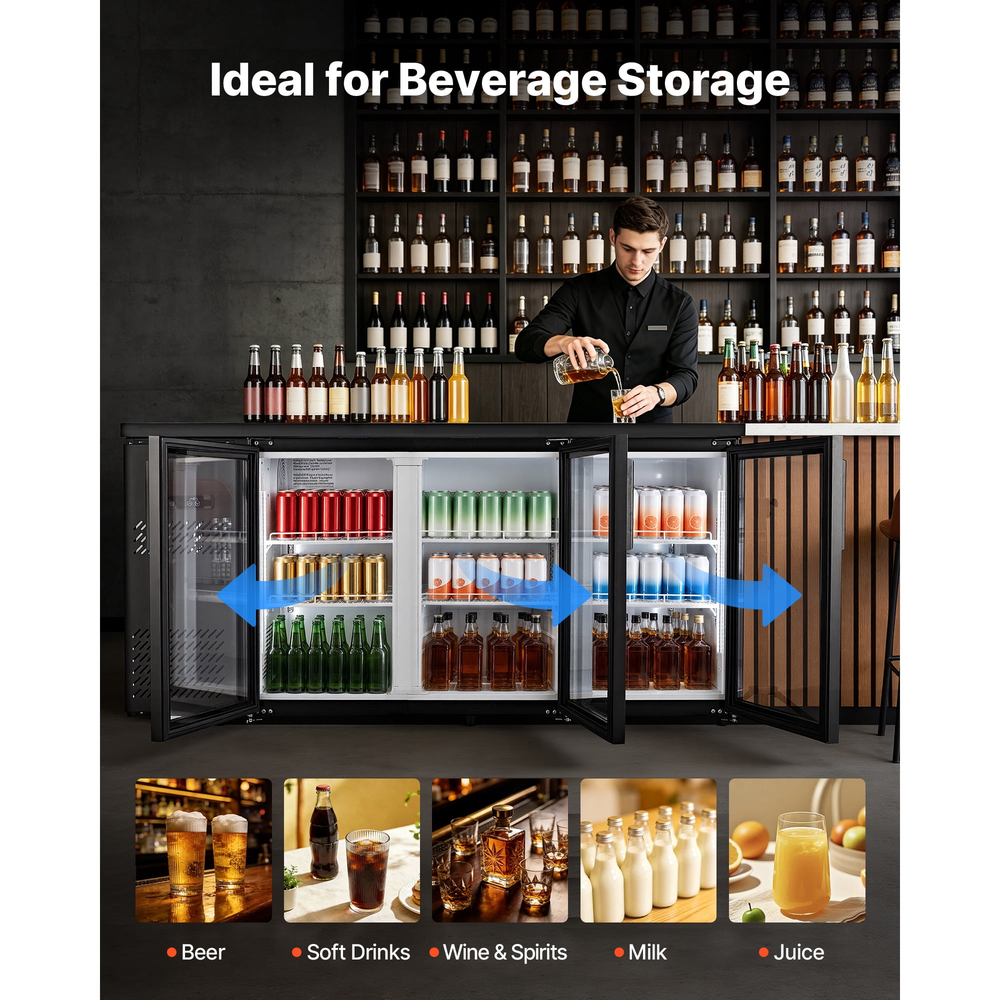KFFKFF Counter Height Back Bar Cooler, 19.6 Cu. Ft Beverage Refrigerator with 3 Glass Doors, LED Lighting, and Fan Cooling for Commercial Use in Bars, Pubs, and Stores