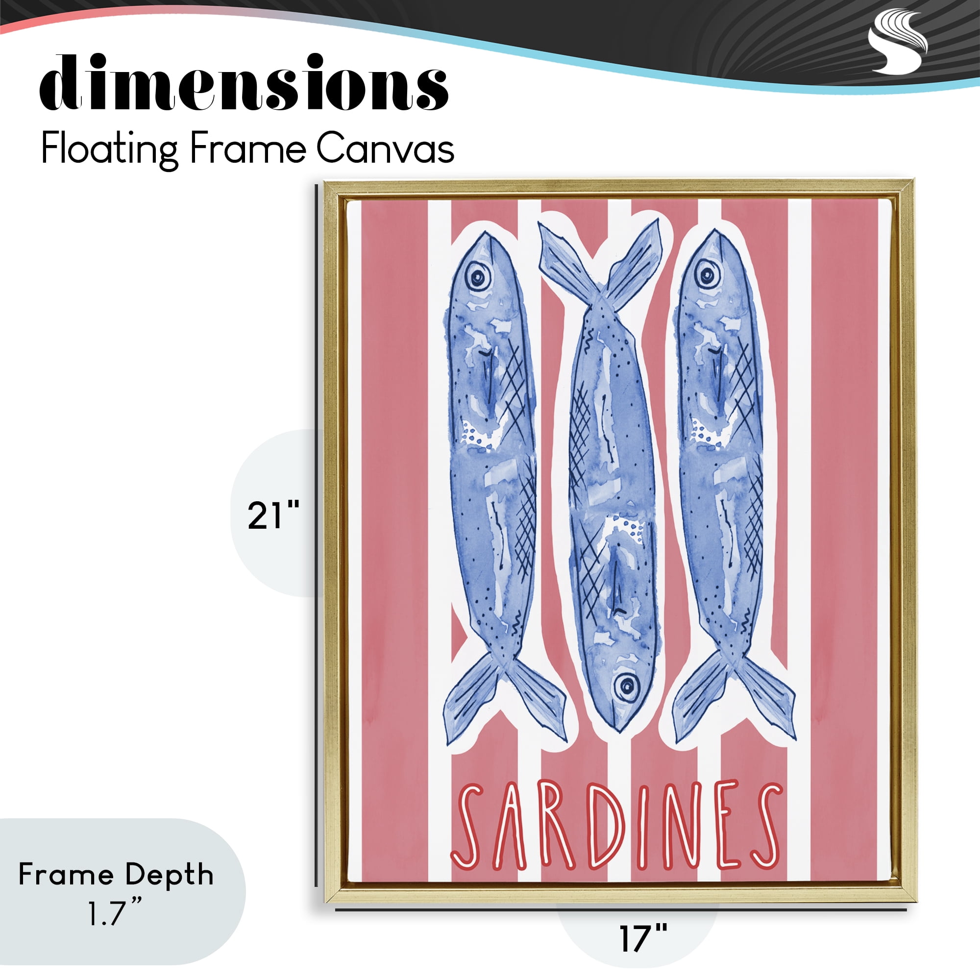 Stupell Industries Americana Sardines on Pink Stripes Gold Framed Floater Canvas Wall Art, design by Nola James