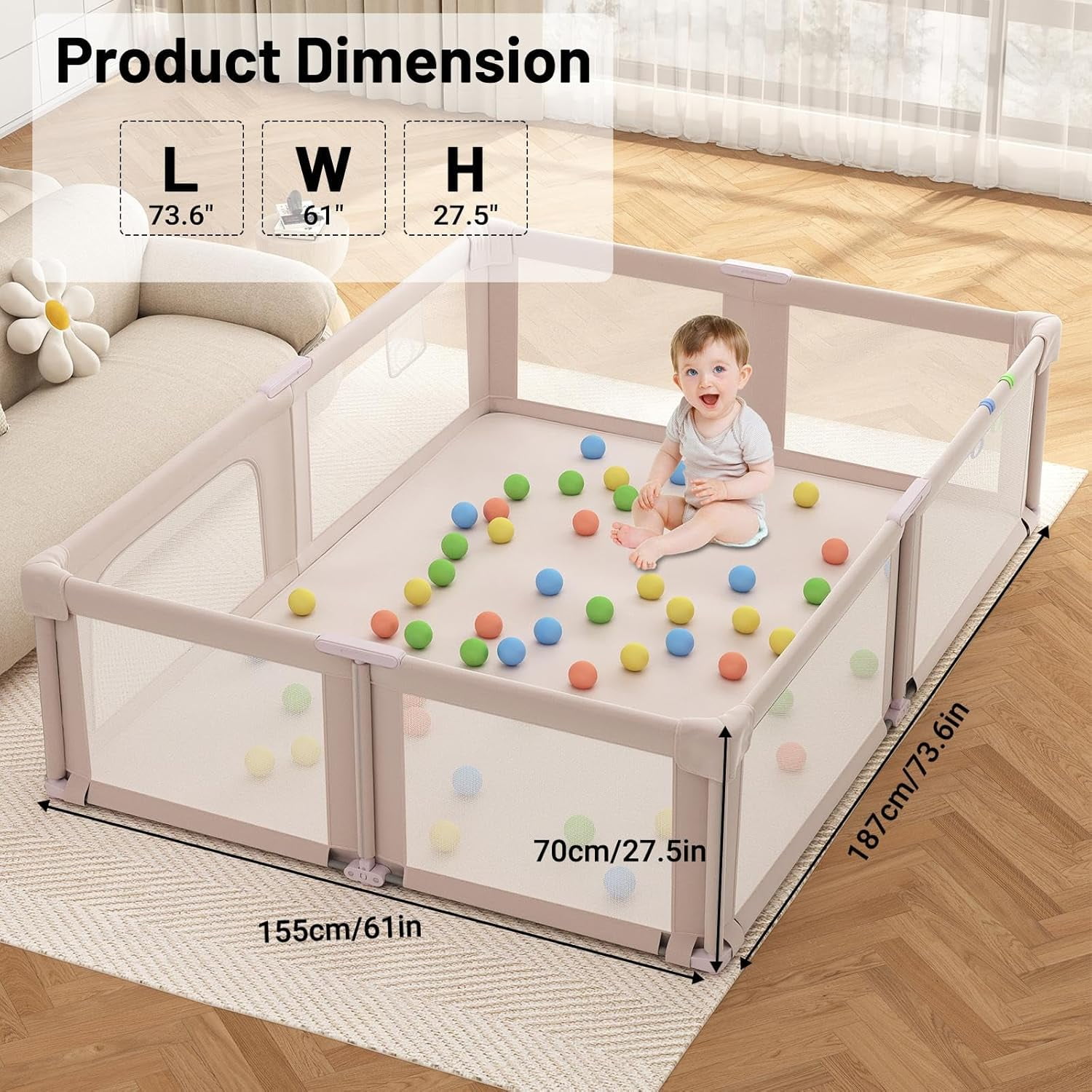 NEGYLIM 73" ×61" Large Baby Playpen, Baby Playard for Babies and Toddlers, Baby Fence Play Pens for Indoor & Outdoor, Sturdy Safety Play Yard with Soft Breathable Mesh and Carry Bag, Anti-Fall, Pink