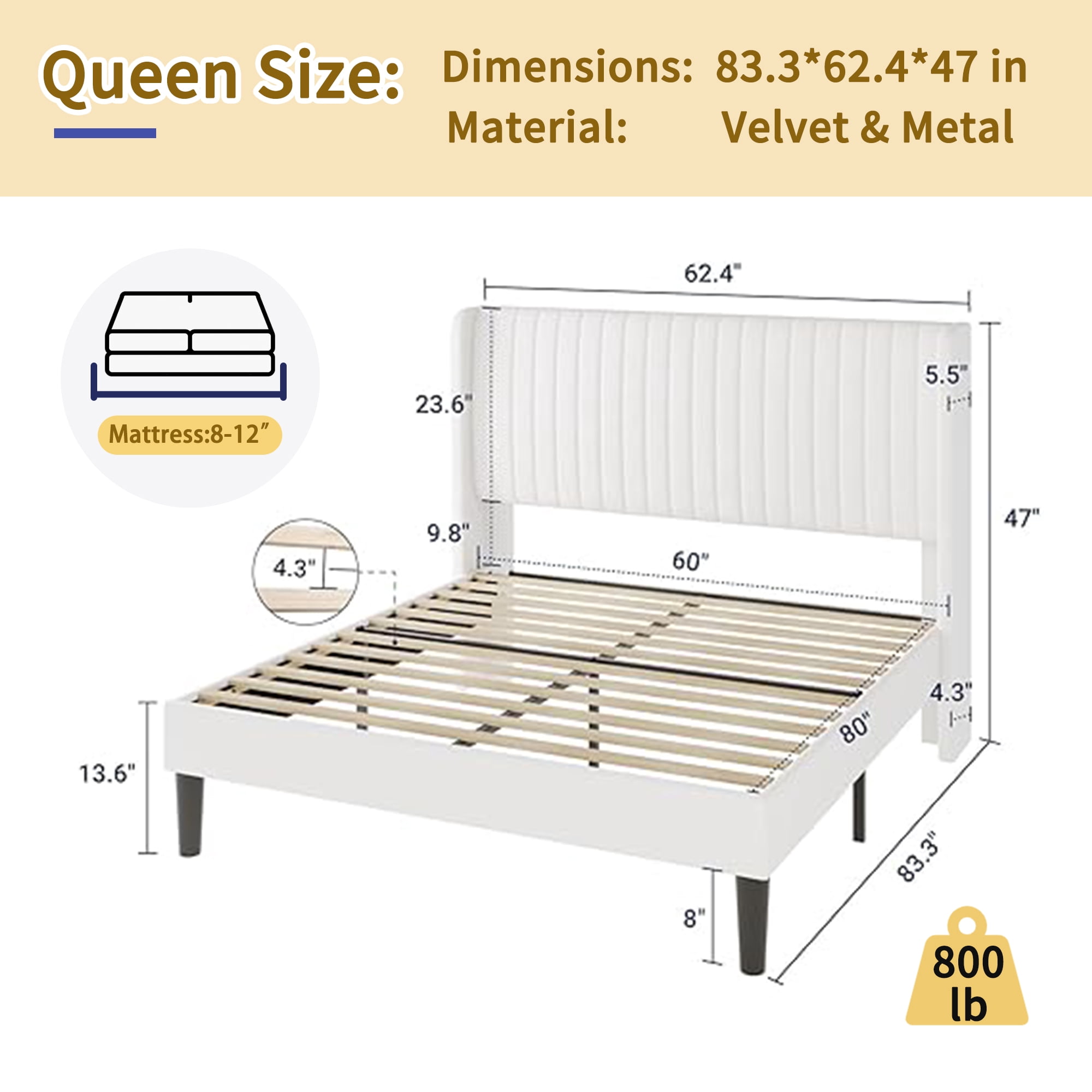 Velvet Queen Bed Frame with Vertical Channel Tufted Wingback Headboard – Upholstered Platform Bed, No Box Spring Needed, Strong Wooden Slats, Easy Assembly, White