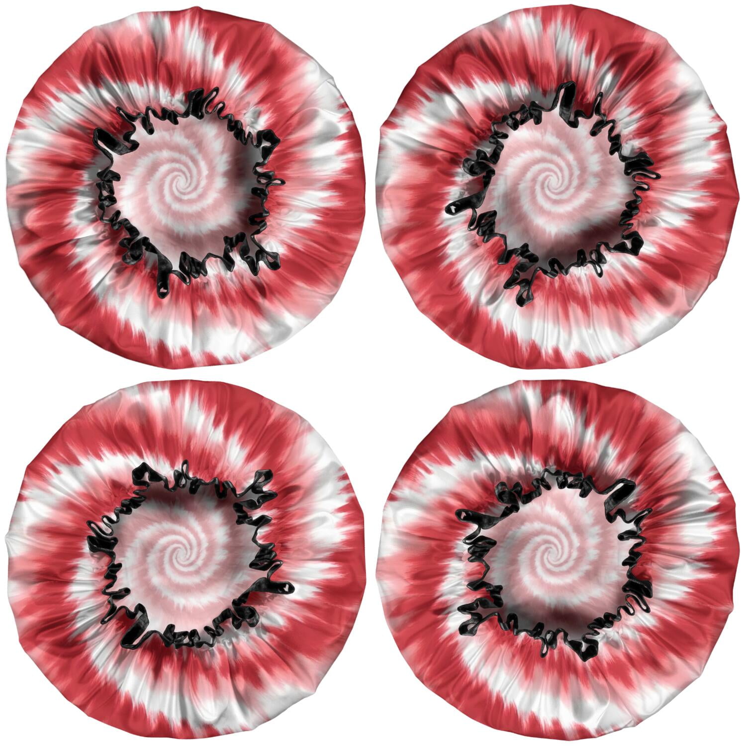 Shower Caps,Red White Tie Dye Spiral Pattern Waterproof Shower Cap for Women 4 Pieces,Double Reusable Hair Cover for Shower PEVA Elastic Stretch Hem