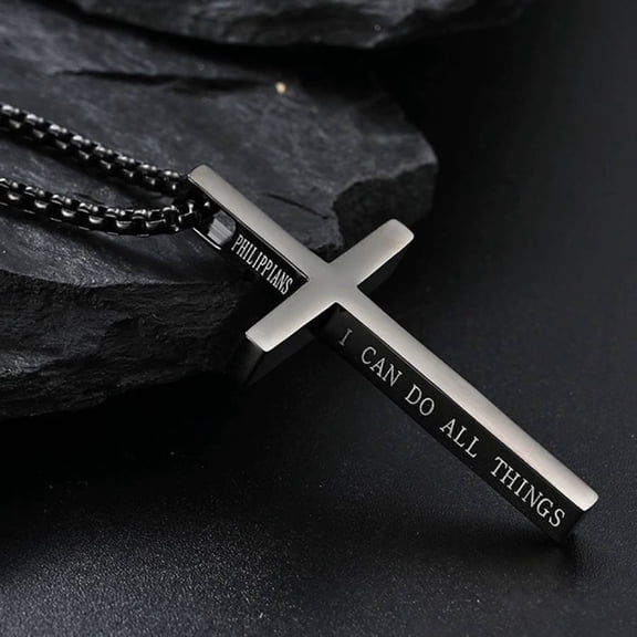 Men's Cross Necklace - Philippians 4:13 "I Can Do All Things" Engraved Stainless Steel Pendant with Box Chain, Religious Faith Jewelry