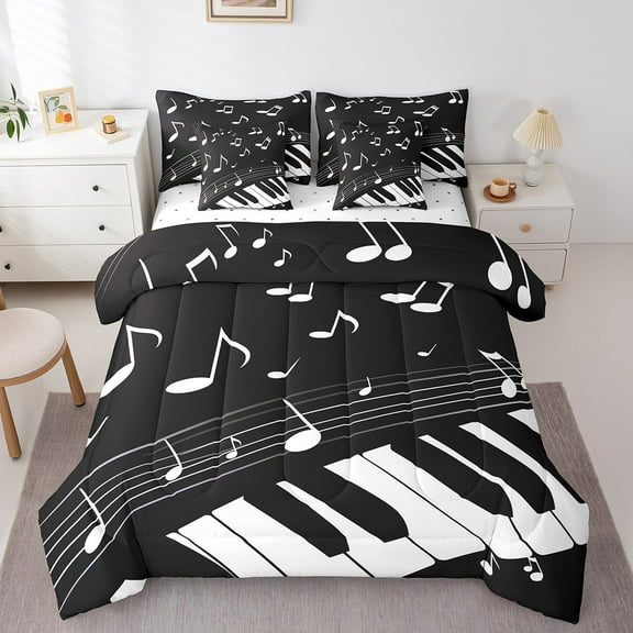 Manfei Piano Twin Bedding Sets 7-Piece,Music Instrument Bedding Comforter Set 7-Piece,White Black Sheet Sets For Boys Kids,Lightweight Bedroom Decorative Reversible