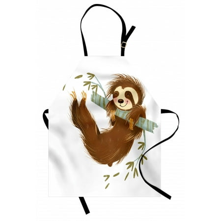 

Sloth Apron Happy Cheerful Animal Swinging on Tree Branch Hand Drawn Cartoon Illustration Unisex Kitchen Bib Apron with Adjustable Neck for Cooking Baking Gardening Brown Khaki Grey by Ambesonne