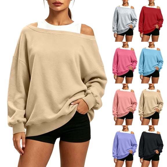 Cmtiyu Sweatshirts for Women Oversized Long Sleeve Crew Neck Pullover Tops Casual Loose Fit Off the Shoulder Sweatshirts S-XL