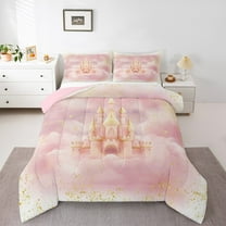 Homewish Romantic Pink Castle Bedding Comforter Set for Girls, Dreamy Princess Twin Comforter Sets, Fairy Tale Theme Reversible Bedding Set, Microfiber Bedroom Decor, 2-Piece
