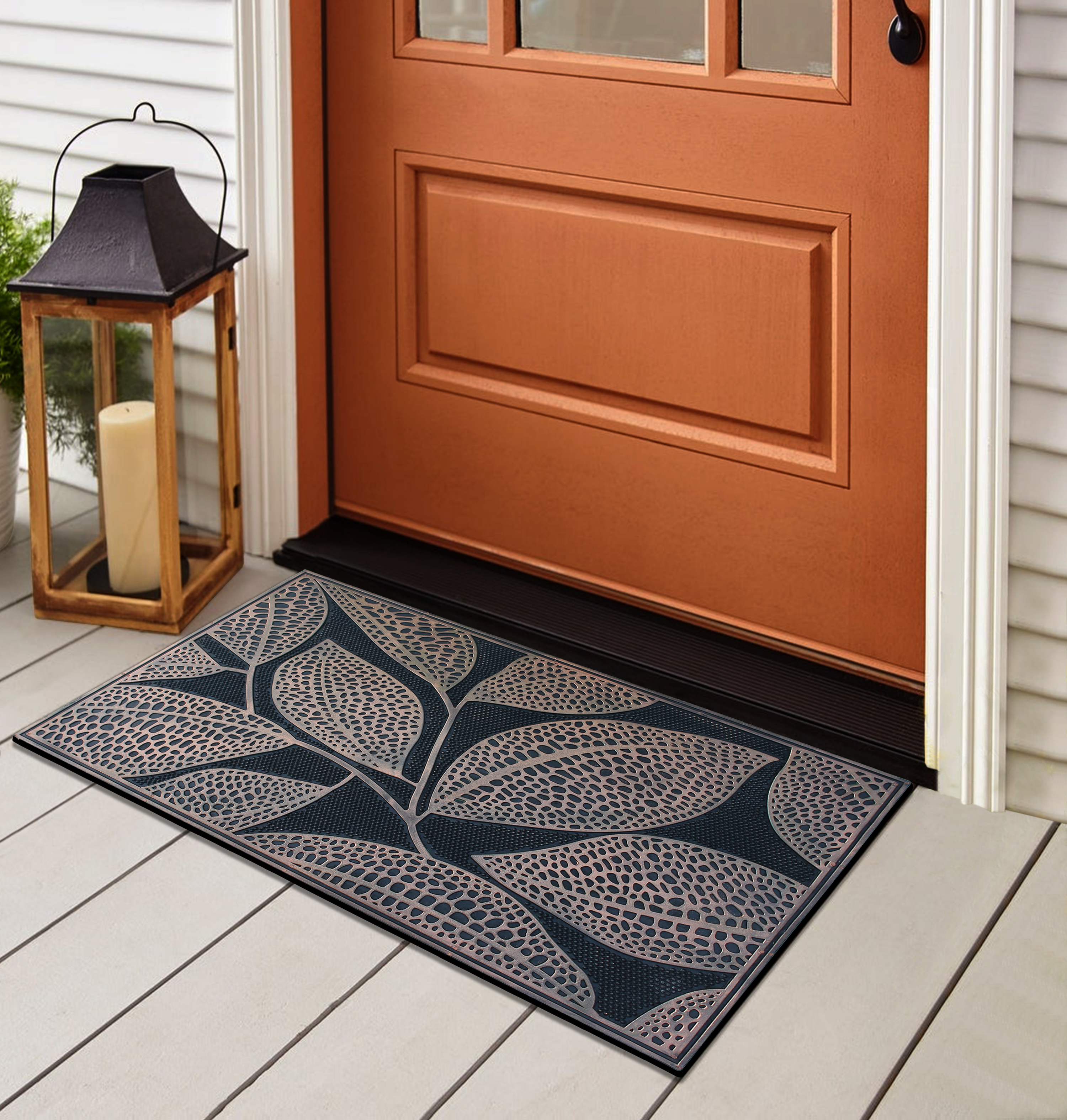A1HC 18"x30" Rubber Pin Doormat with Copper Finish and Leaf Design for Entryway, Indoor & Outdoor, Non-Slip, Heavy Duty