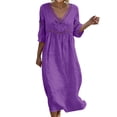 thumbnail image 2 of Wovilon Women's 3/4 Sleeve V-Neck Midi Dress with Eyelet Trim, Cotton Linen Relaxed Fit Casual Summer Dress for Vacation and Daily Wear, 2 of 8
