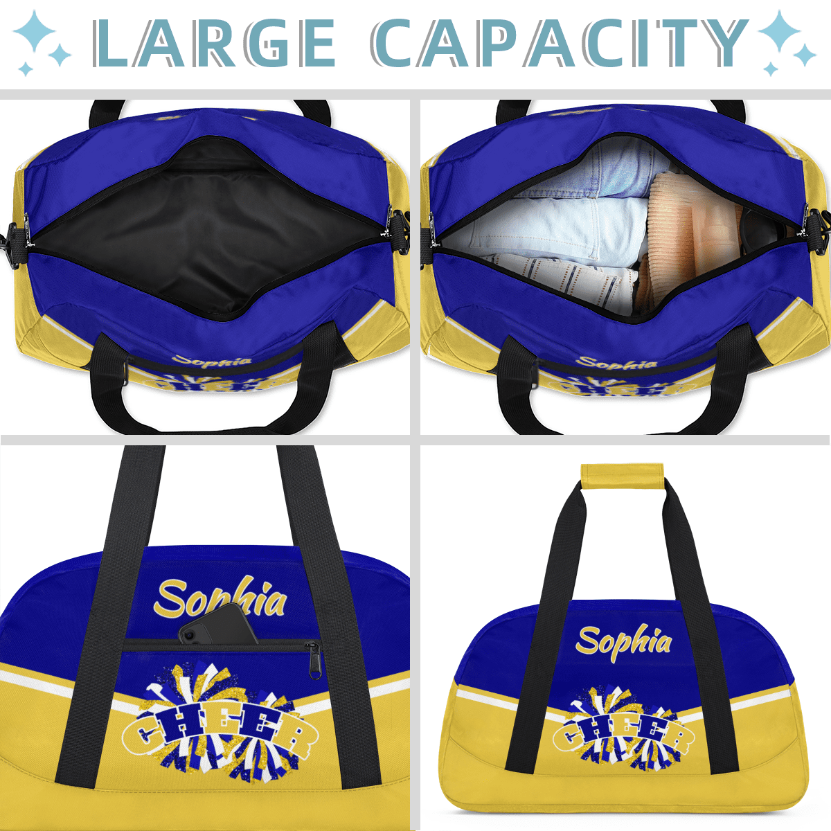 Jiaoprinted Personalized Cheer Bag, Custom Sport Duffel Bag with Name, Customized Cheerleader Dance Bag, Sport Gym Bag Overnight Weekender Bags, Blue Gold