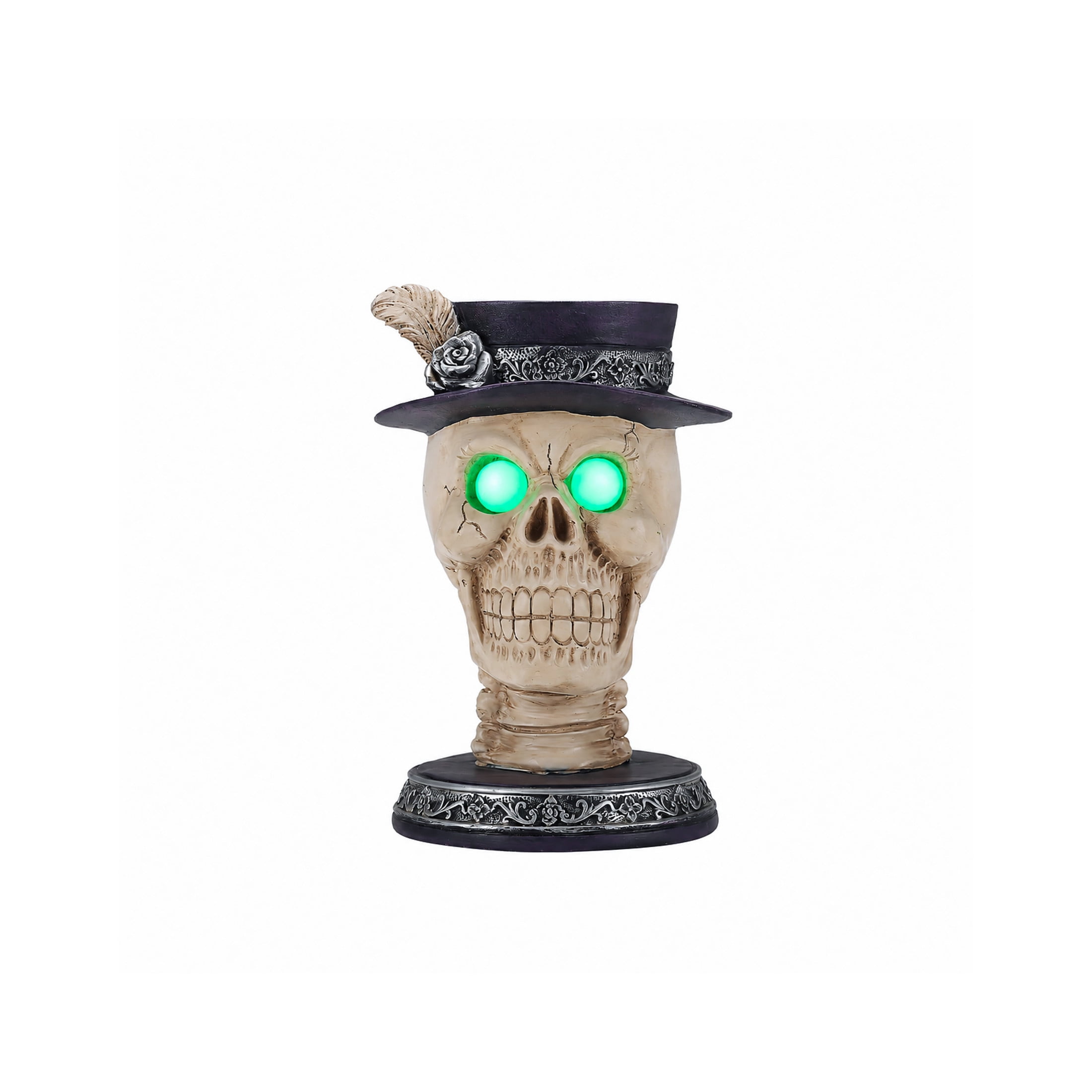 Noble House Gothic Skull Pillar Candle Holder with LED Light Eyes & Rose Top Hat, Spooky Tabletop Decor, Black White