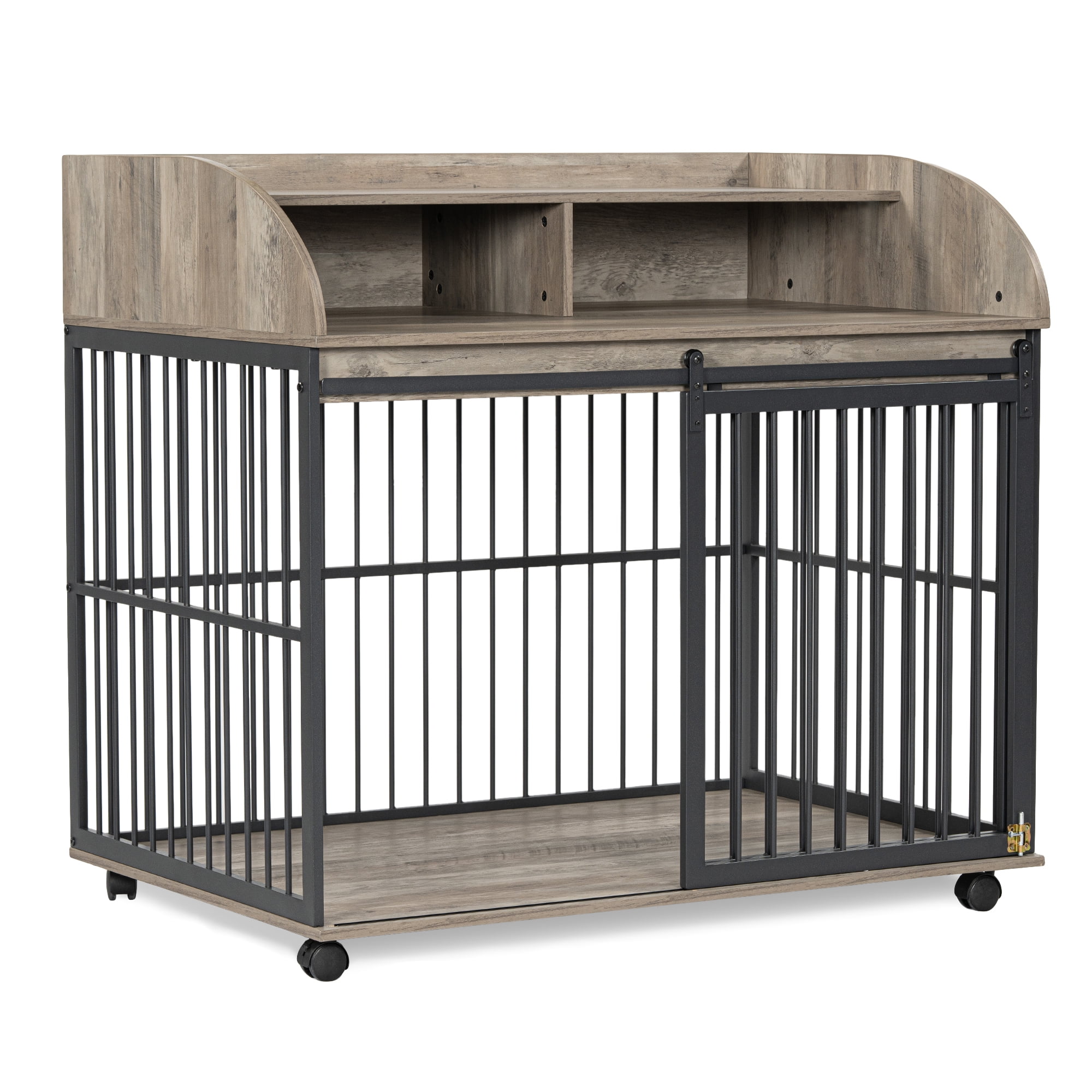44'' Heavy Duty Large Dog Crate for Large Medium Dog with Lockable Wheels, Wooden Dog Crate Dog Kennel, End Table Crate with Double Layer Storage