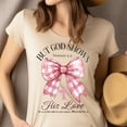 thumbnail image 4 of But God Shows His Love T-Shirt, Romans 5:8 Bible Verse Tee with Pink Bow, Maroon, Size L, 4 of 6