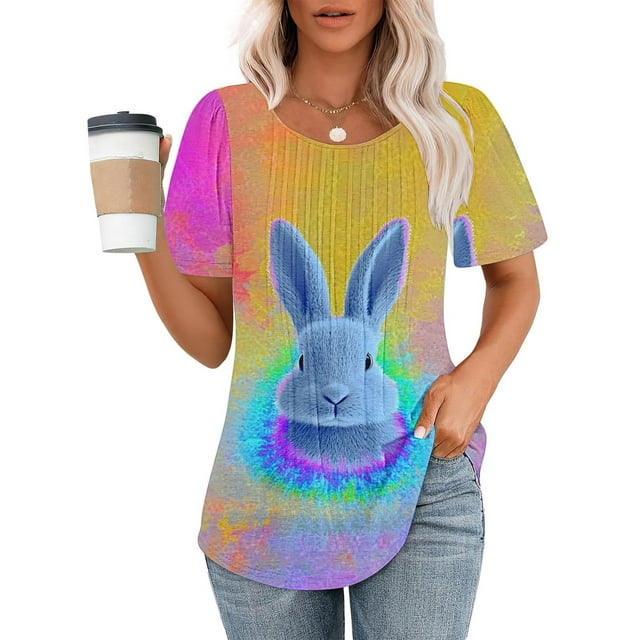 Xuyuer Happy Easter Family Matching Shirt Women Easter Sunday T-Shirt Cute Tie Dye Bunny Graphic Tee Holiday Short Sleeve Tops Funny Bunny T-Shirt Rabbit Graphic Tee Tops