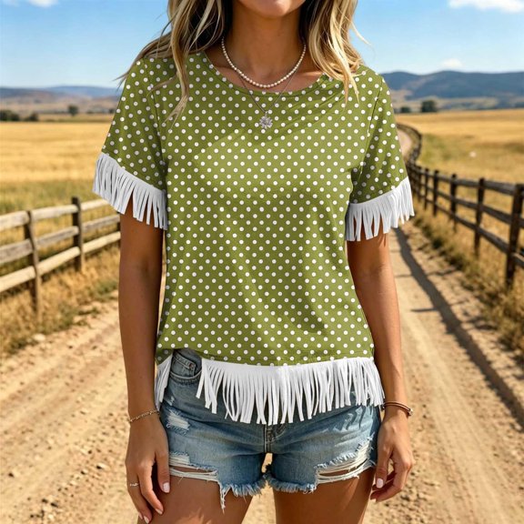 Uootdi Beach Tops for Women Crew Neck Short Sleeve Fringe Trim Cuff And Hem Polka Dot Print Soft Knit Boho Tops for Women Loose Fit Beach Vacation Lightweight Airy Womens Tees