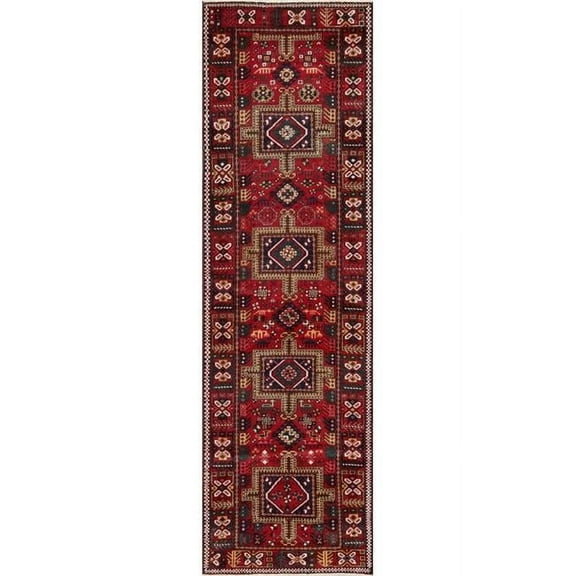 Pasargad Home Vintage Azerbaijan Red Wool Area Rug  3' 2" X 10' 8"