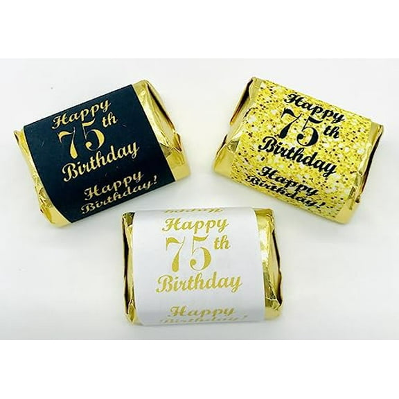 75th Birthday Nuggets Labels, Chocolate Candy Wrapper, (Set of 90) Candy Stickers; 3 Designs: 30 Gold, 30 Black, 30 White, Candy Not Included