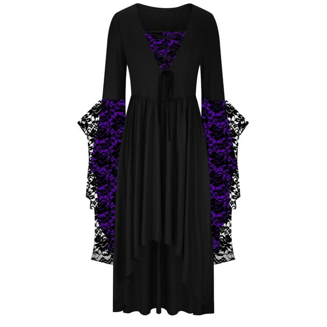 UPPADA Robe Gothique pour Femme Grande Taille à Manches Évasées Robe à Imprimé de Dentelle Crâne Steampunk Robes de Cocktail Robe Corset Goth Fluide Robe Maxi pour Invitée de Mariage Offres des Fêtes