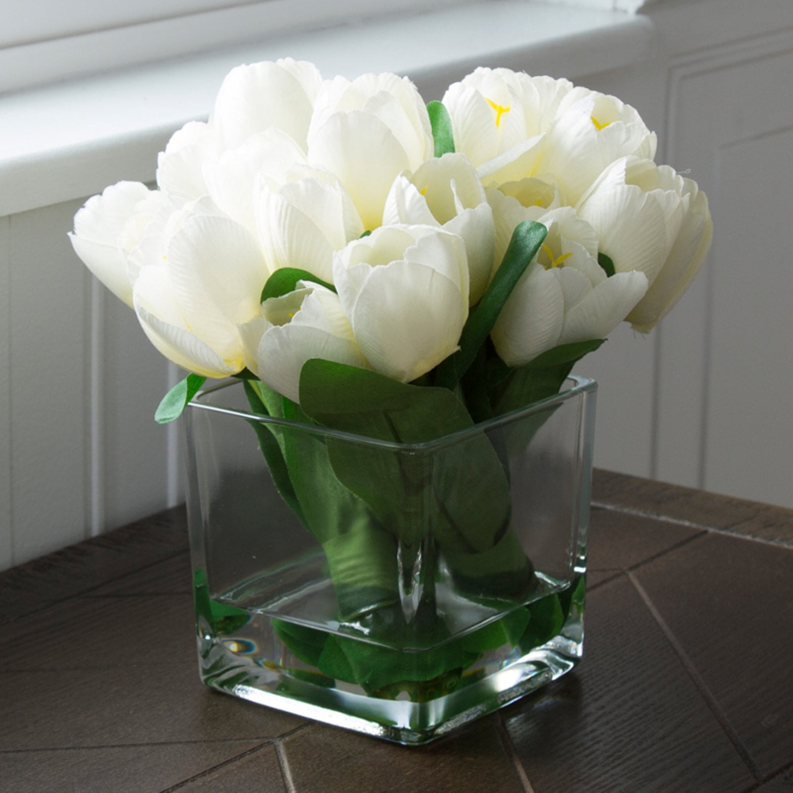 Pure Garden  Tulip Floral Arrangement in Vase- 24 Cream Artificial Flowers with Glass Vase - Cream